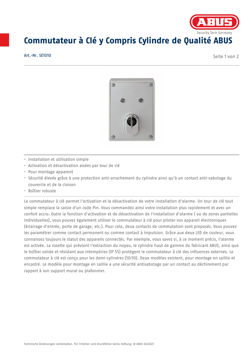 Página 1 del manual Ficha técnica Abus SE1010