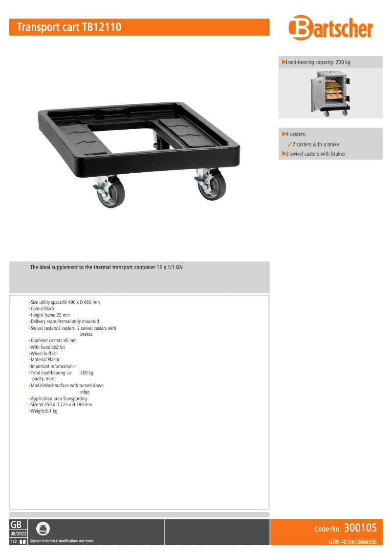 Page n°1 - Fiche technique Bartscher TB12110