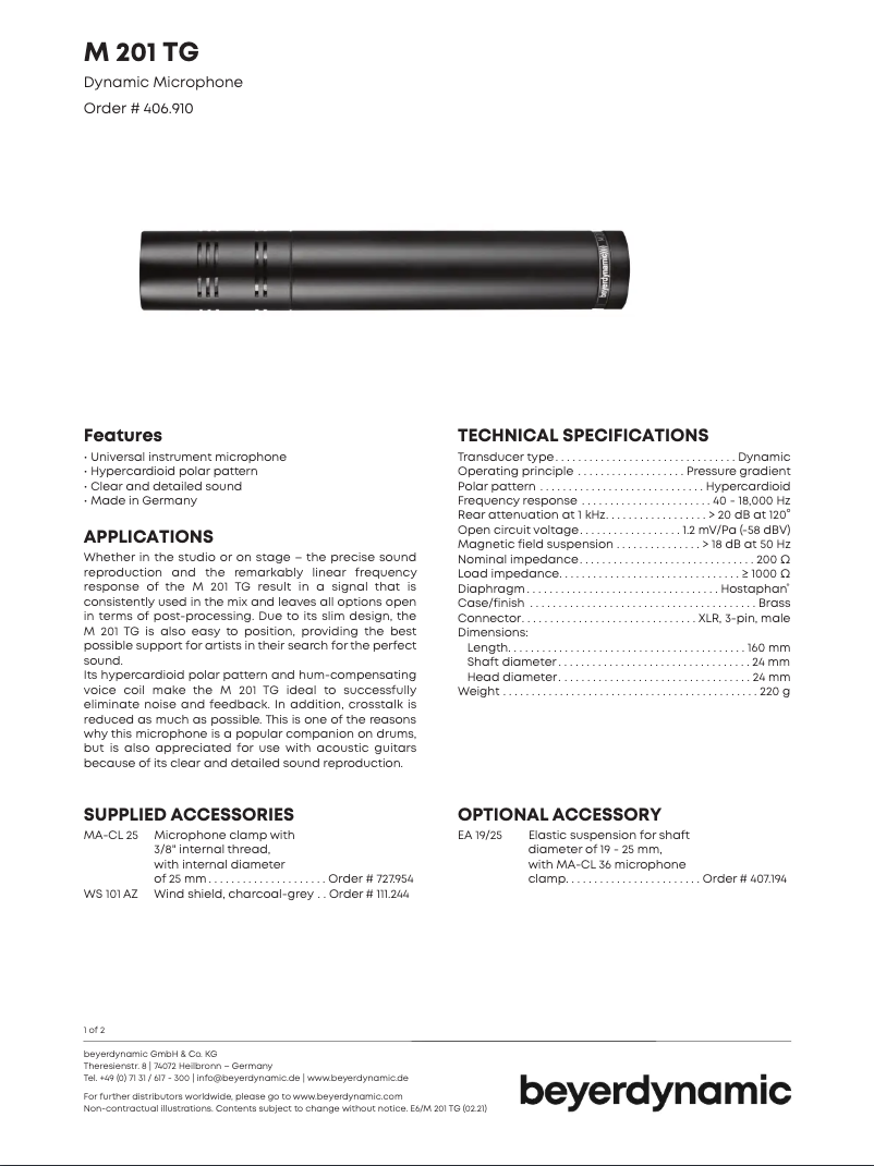Page n°1 - Fiche technique Beyerdynamic M 201