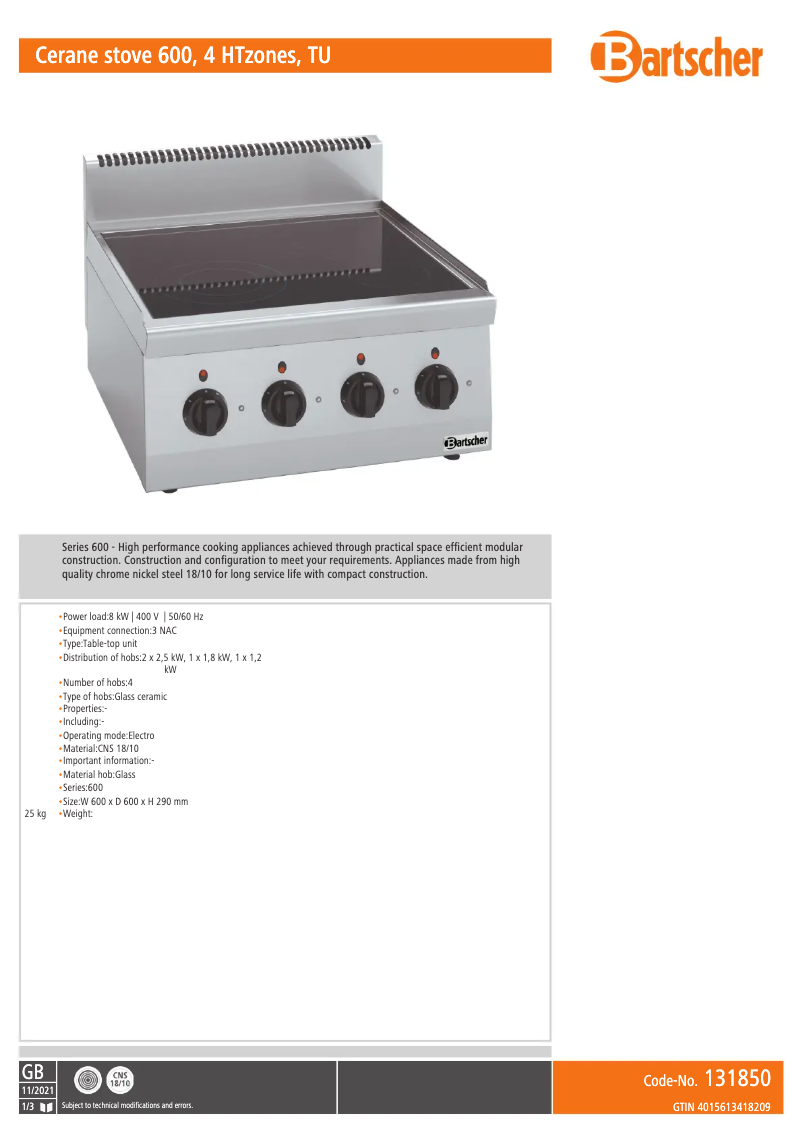 Page n°1 - Manuel utilisateur Bartscher 131850