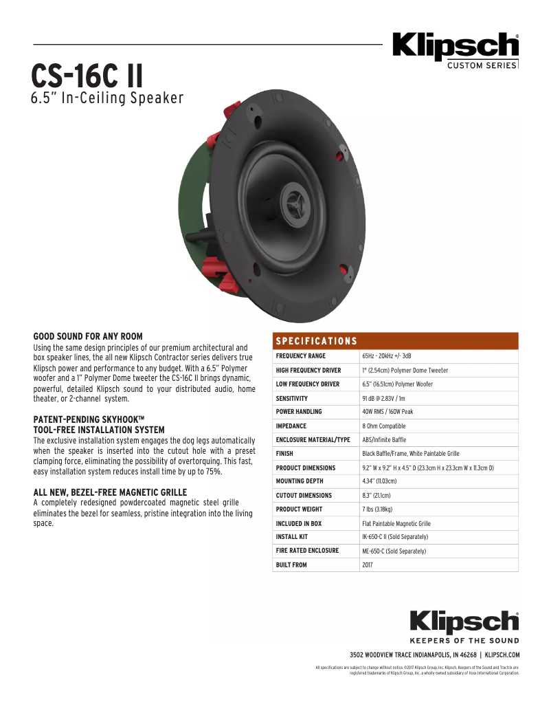 Page 1 de la notice Fiche technique Klipsch CS-16CSM