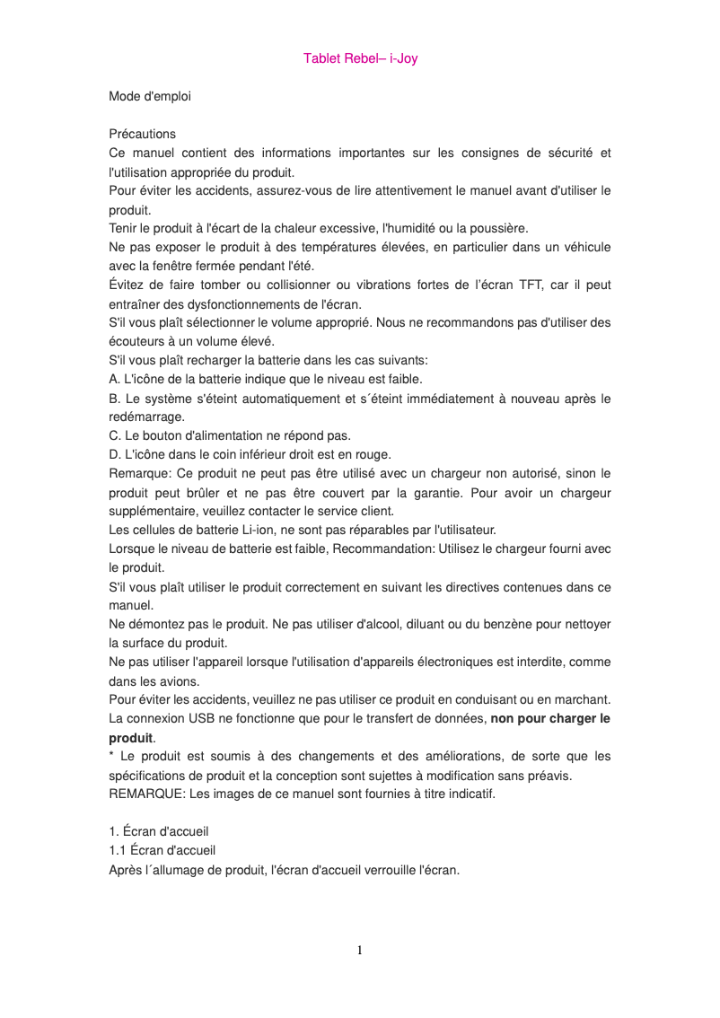 Page 1 de la notice Manuel utilisateur i-Joy Rebel