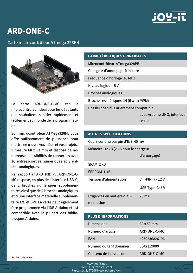 Page n°1 - Fiche technique Joy-It ARD-One-C-MC