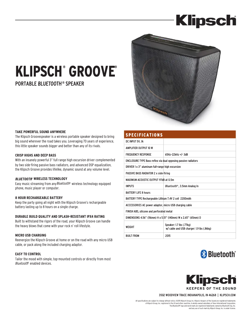 Page 1 de la notice Fiche technique Klipsch Groove PM20