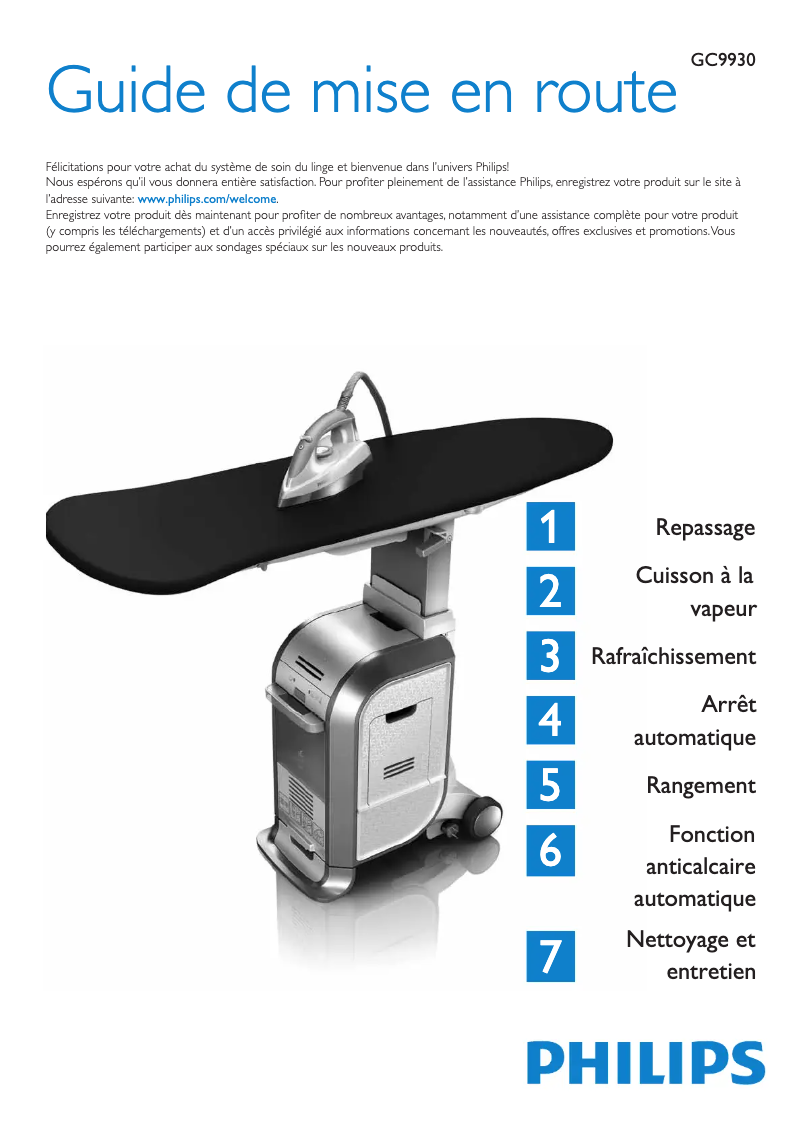 Image de la première page du manuel de l'appareil WardrobeCare GC9930