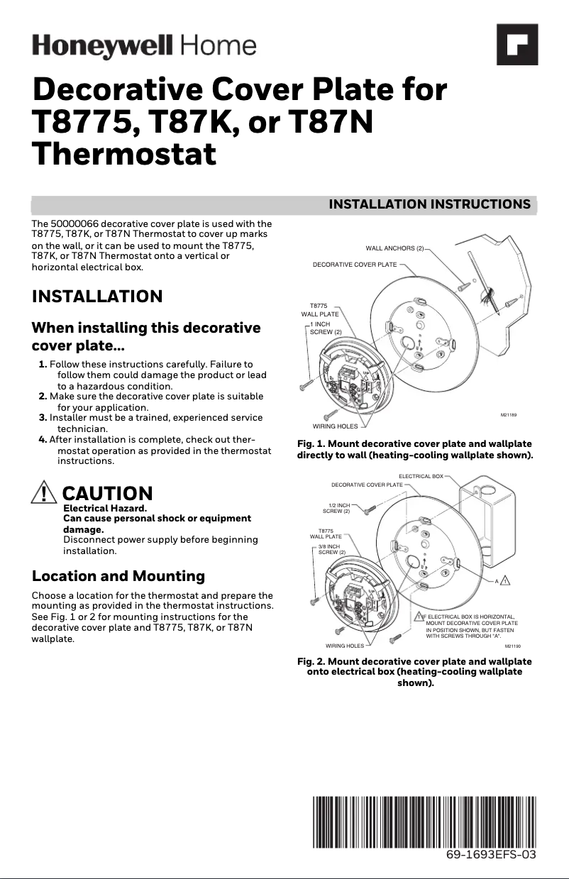 Page 1 de la notice Guide d'installation Honeywell CT87N4773/X