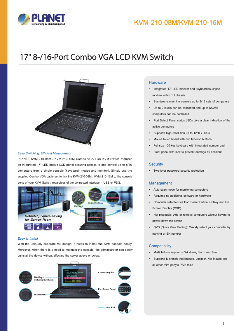 Page 1 de la notice Fiche technique Planet KVM-210-08M