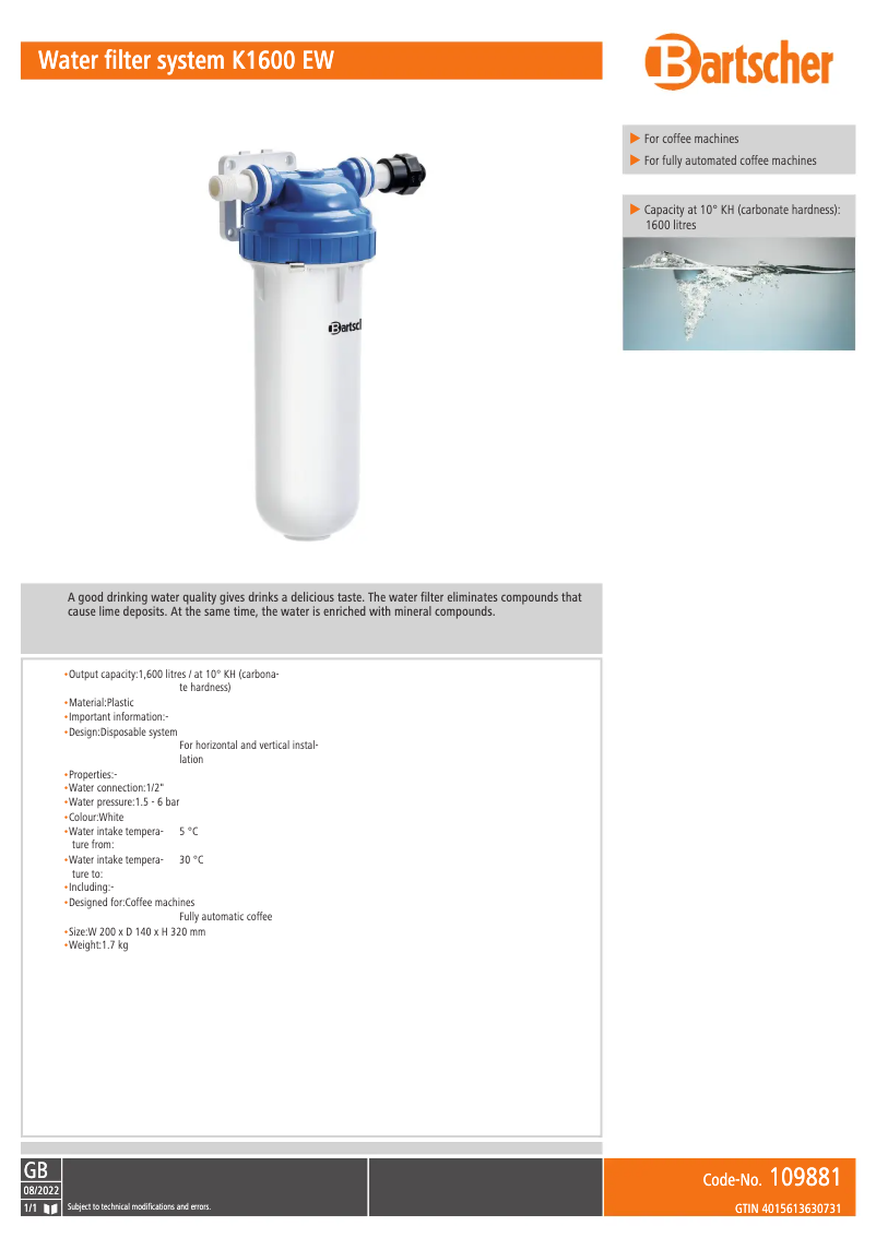 Página 1 del manual Ficha técnica Bartscher K1600 EW
