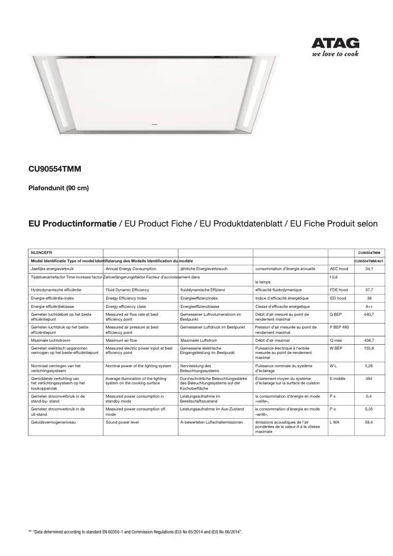Page 1 de la notice Fiche technique Atag CU90554TMM
