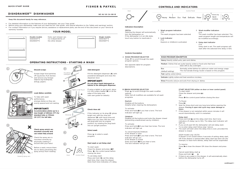 Page 1 de la notice Guide de démarrage rapide Fisher & Paykel DD60SDFTB9