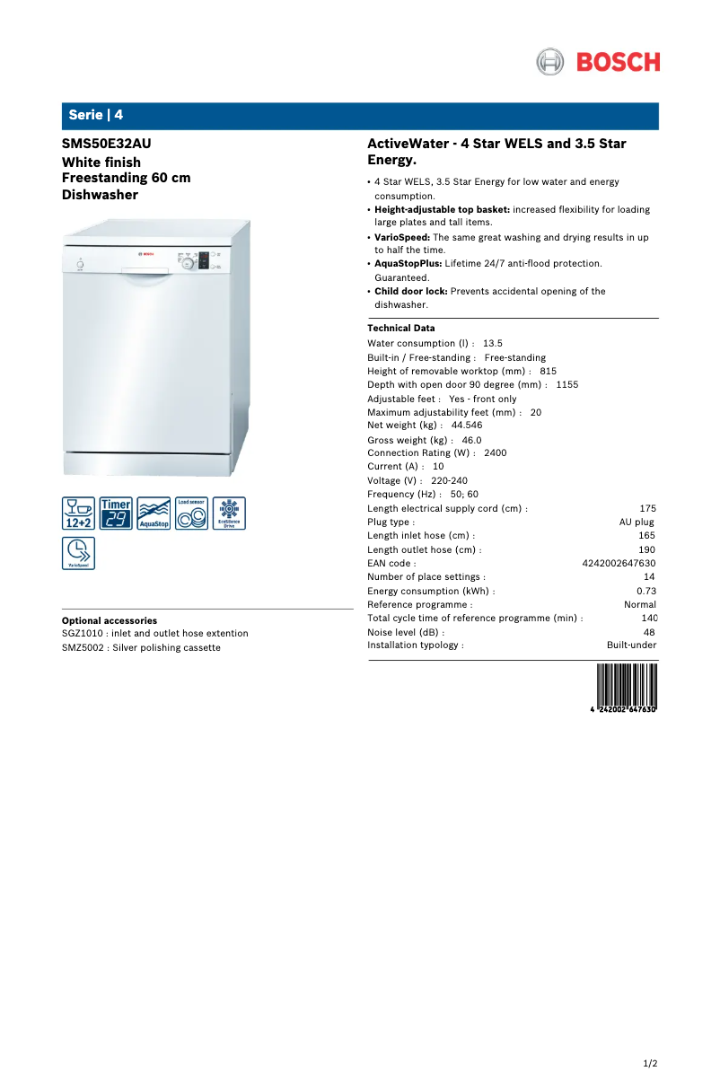 Image de la première page du manuel de l'appareil SMS50E32AU