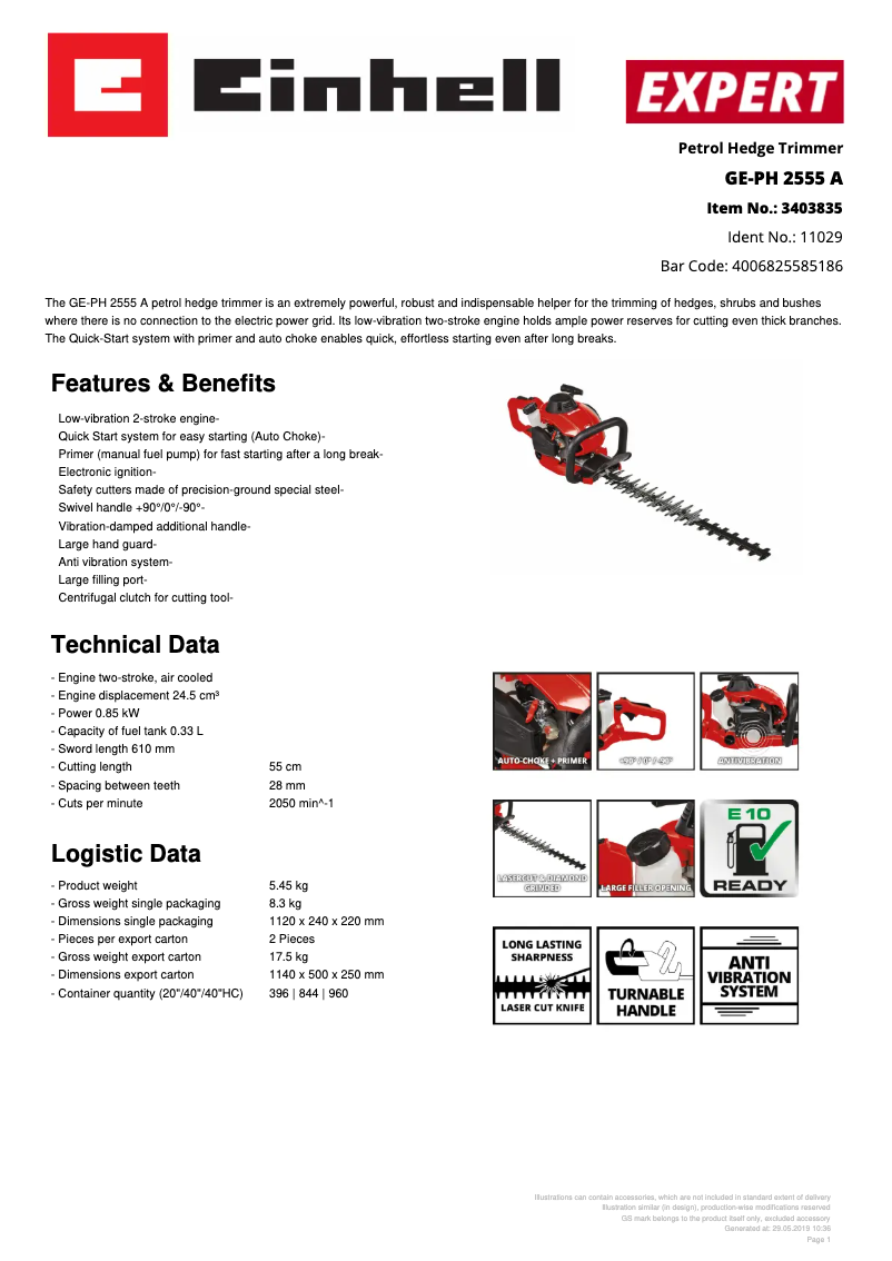 Page 1 de la notice Fiche technique Einhell GE-PH 2555 A