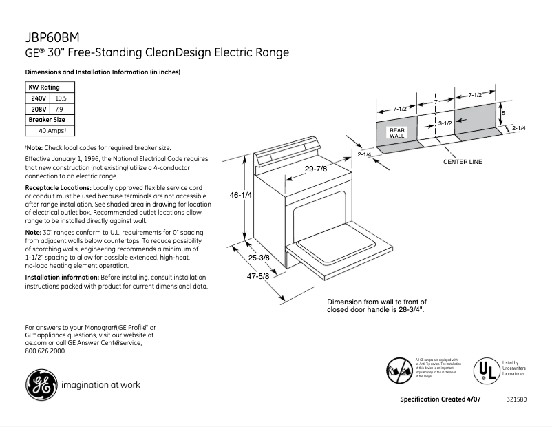 Page n°1 - Fiche technique GE JBP60BMWH