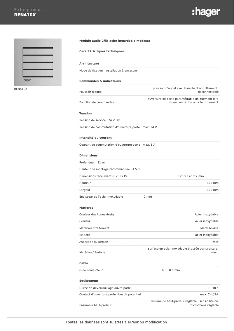 Page 1 de la notice Fiche technique Hager REN410X
