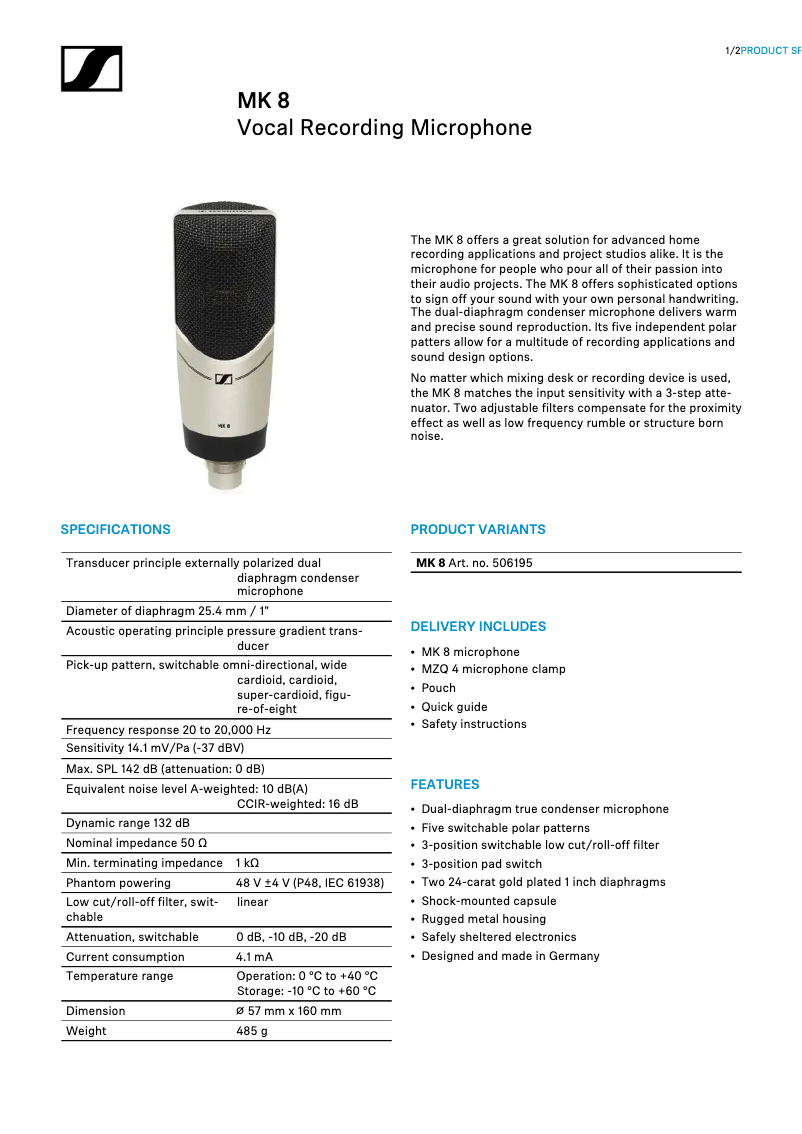 Page 1 de la notice Fiche technique Sennheiser MK 8