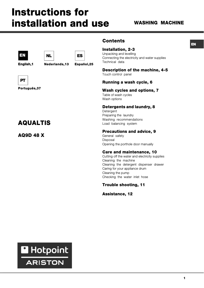 Image de la première page du manuel de l'appareil Aqualtis AQ9D 48 X /A