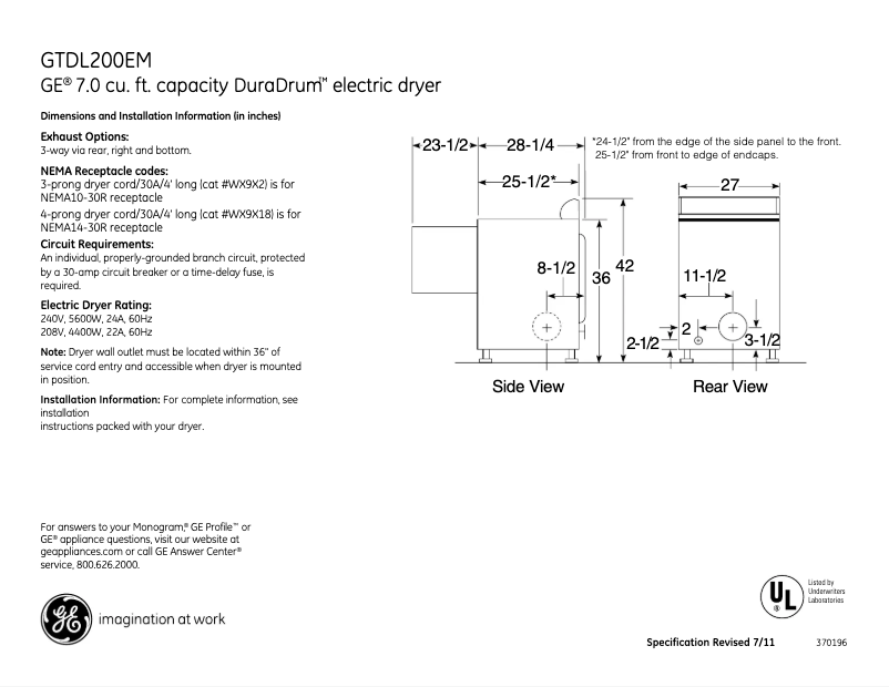 Page 1 de la notice Fiche technique GE DuraDrum GTDL200EMWW