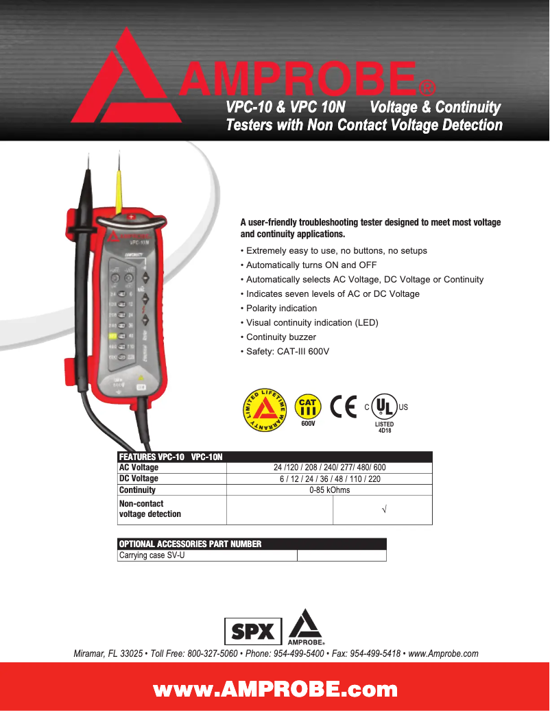 Page 1 de la notice Fiche technique Amprobe VPC-10N