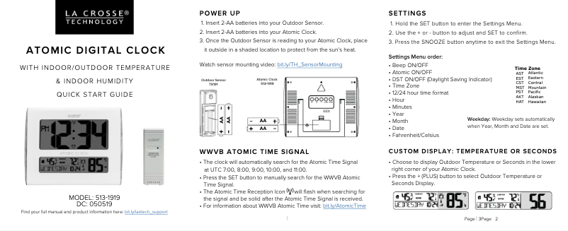 Page 1 de la notice Guide de démarrage rapide La Crosse Technology 513-1919