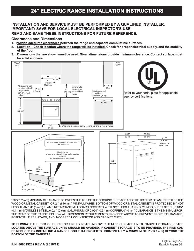 Page n°1 - Guide d'installation Frigidaire FFEH2422US
