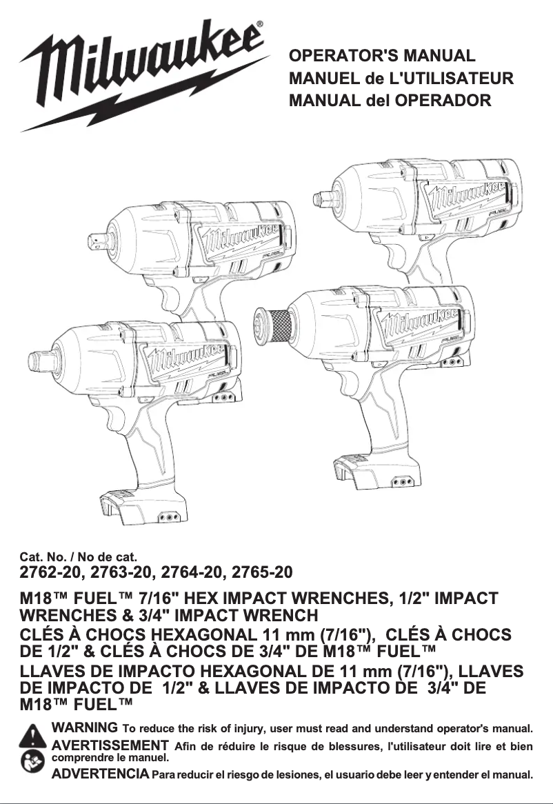 Page 1 de la notice Manuel utilisateur Milwaukee M18 Fuel 2762-22