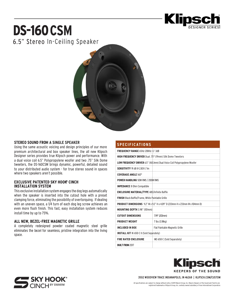 Page 1 de la notice Fiche technique Klipsch DS-160CSM