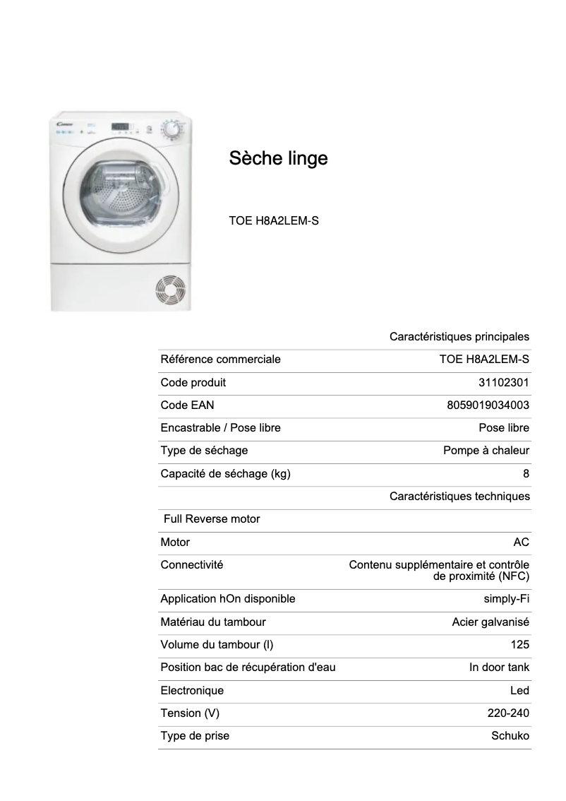 Image de la première page du manuel de l'appareil TOE H8A2LEM-S