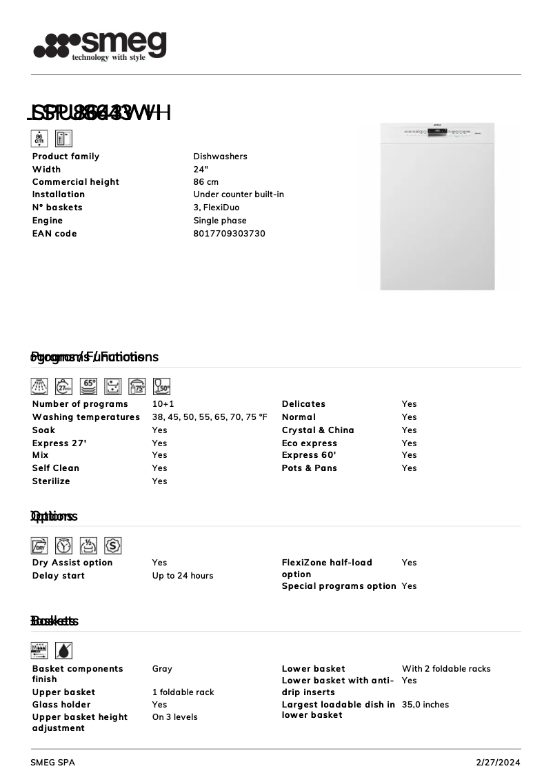 Page 1 de la notice Fiche technique Smeg LSPU8643WH