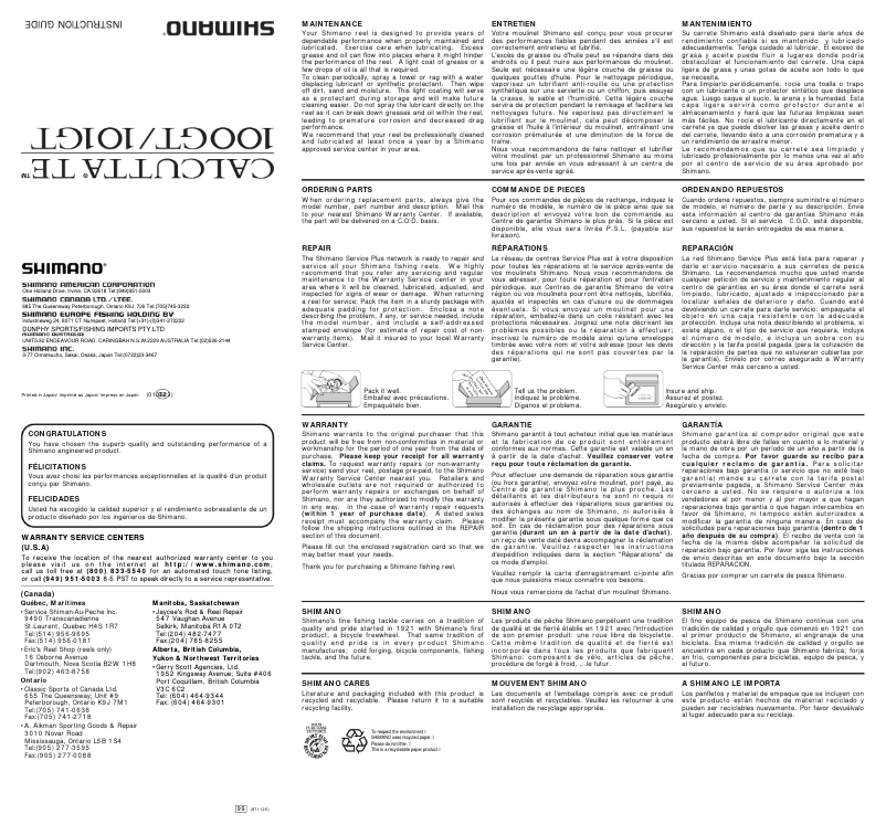 Page n°1 - Manuel utilisateur Shimano Calcutta TE 100GT