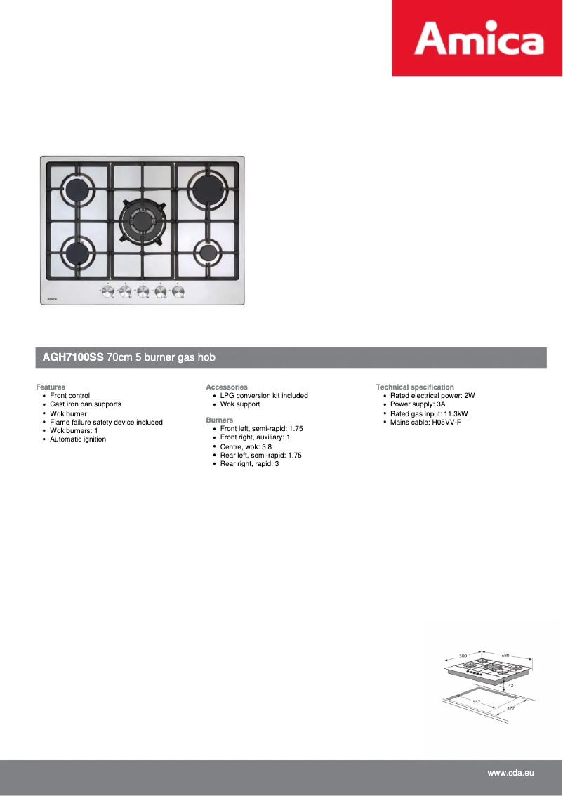 Page n°1 - Fiche technique Amica AGH7100SS