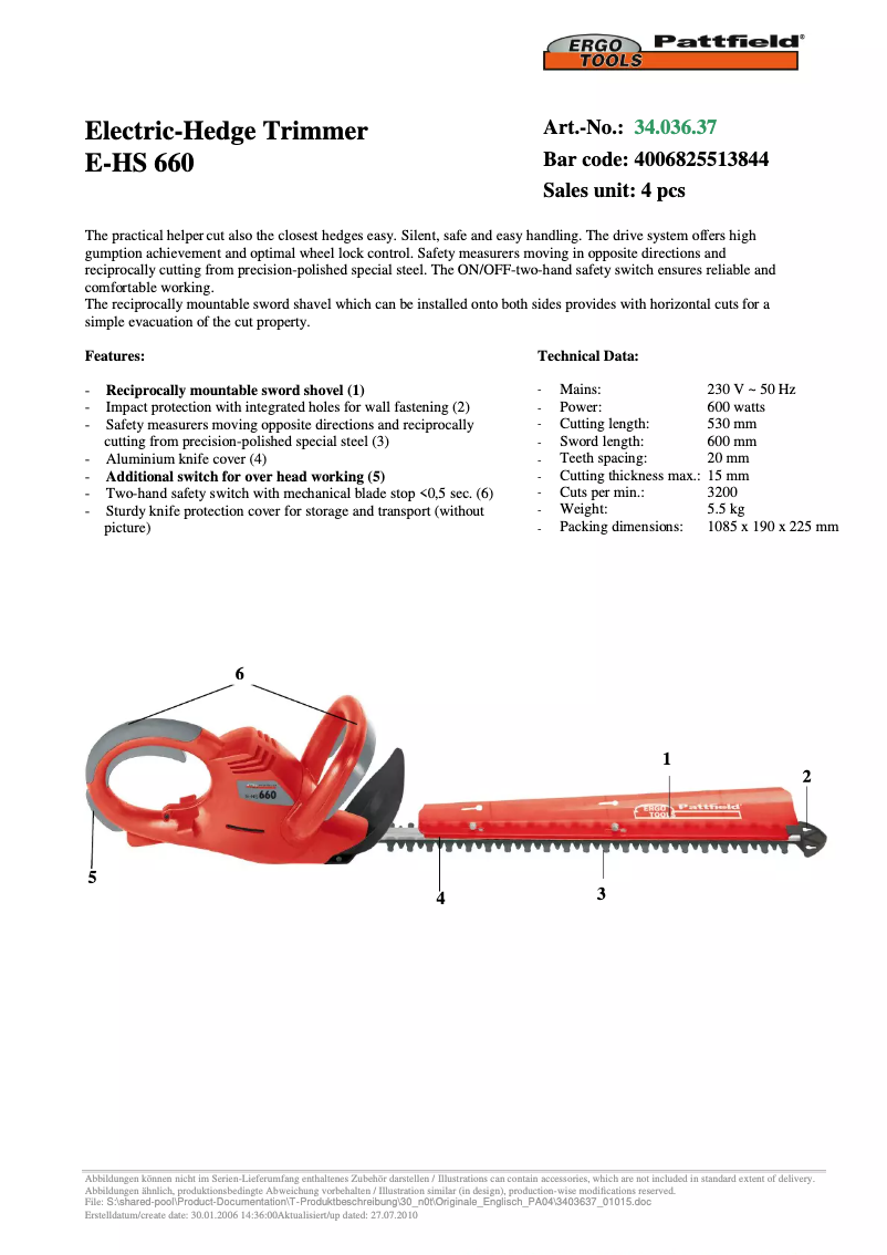 Page 1 of the manual User Manual Ergotools Pattfield E-HS 660
