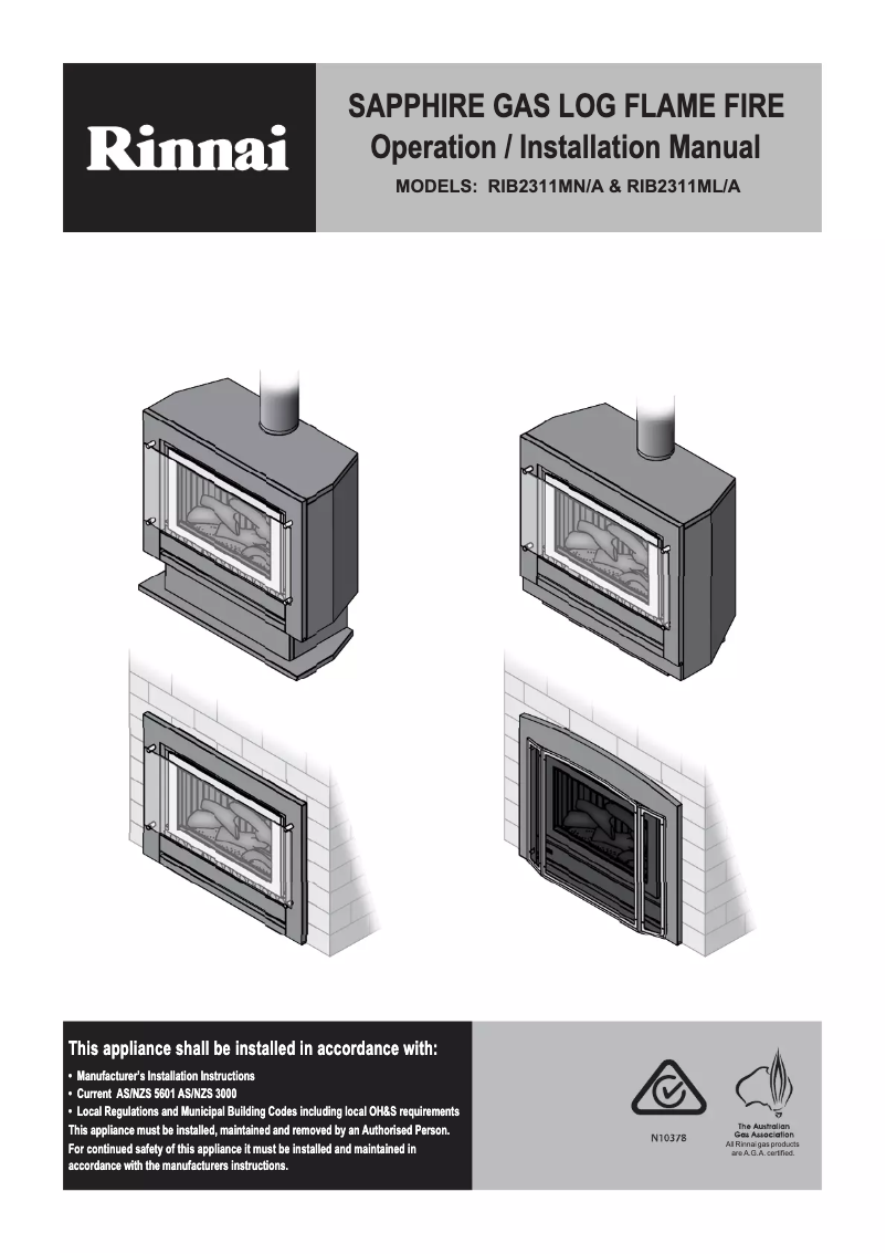 Page 1 de la notice Manuel utilisateur Rinnai Sapphire Gas Log Fire