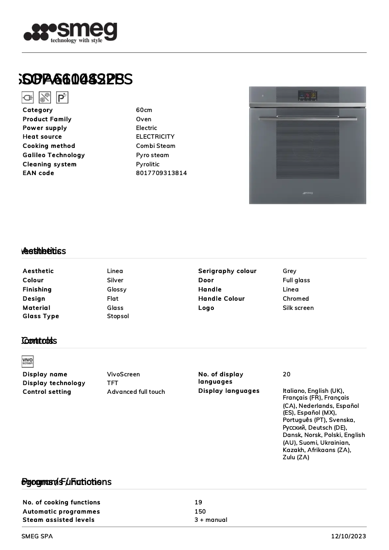 Page 1 de la notice Fiche technique Smeg SOPA6104S2PS