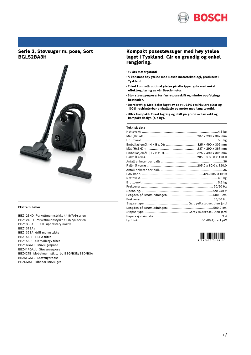 Page 1 de la notice Brochure Bosch BGLS2BA3H