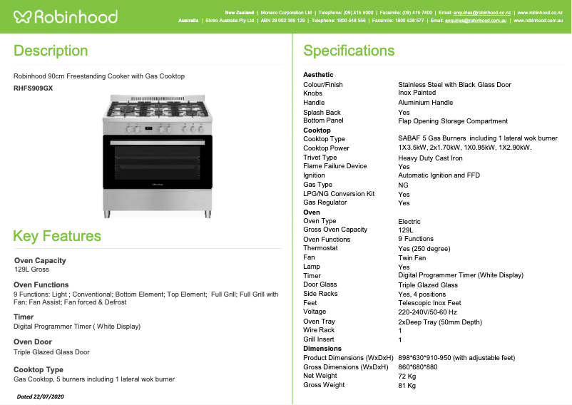 Page 1 de la notice Fiche technique Robinhood RHFS909GX