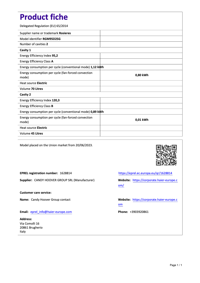 Page 1 de la notice Fiche technique Rosieres RGM95D2SG