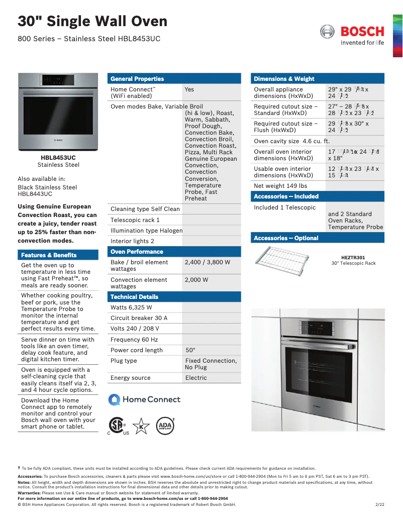Page 1 de la notice Fiche technique Bosch HBL8453UC