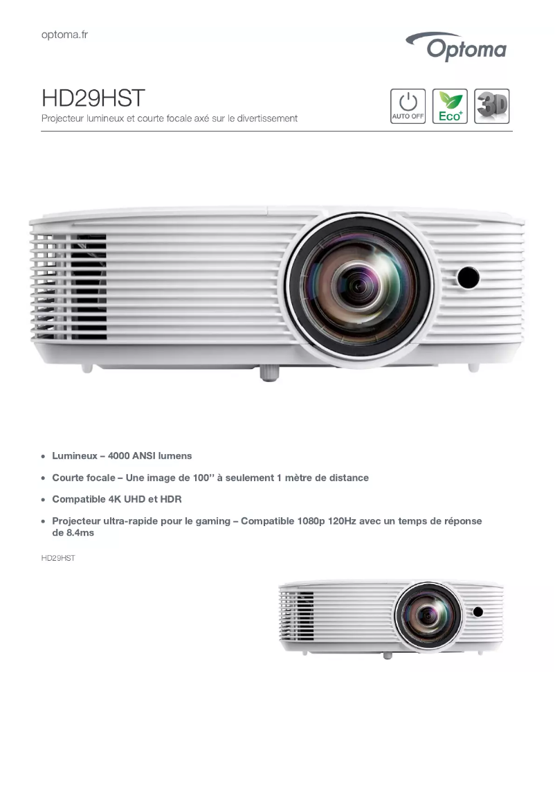 Page 1 de la notice Fiche technique Optoma HD29HST