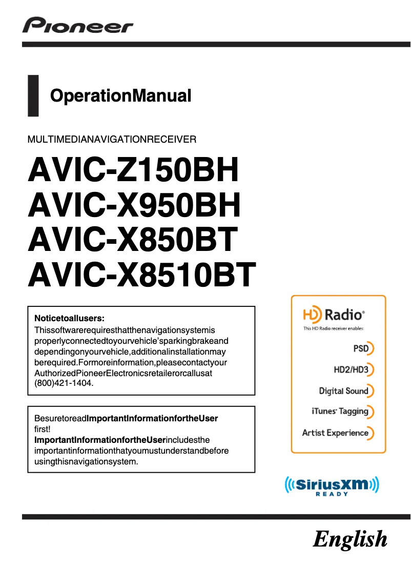 Page n°1 - Manuel utilisateur Pioneer AVIC-X850BT