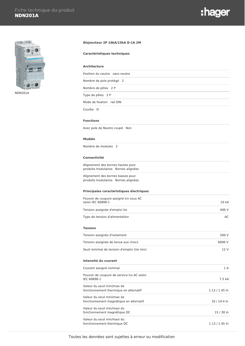 Page n°1 - Manuel utilisateur Hager NDN201A