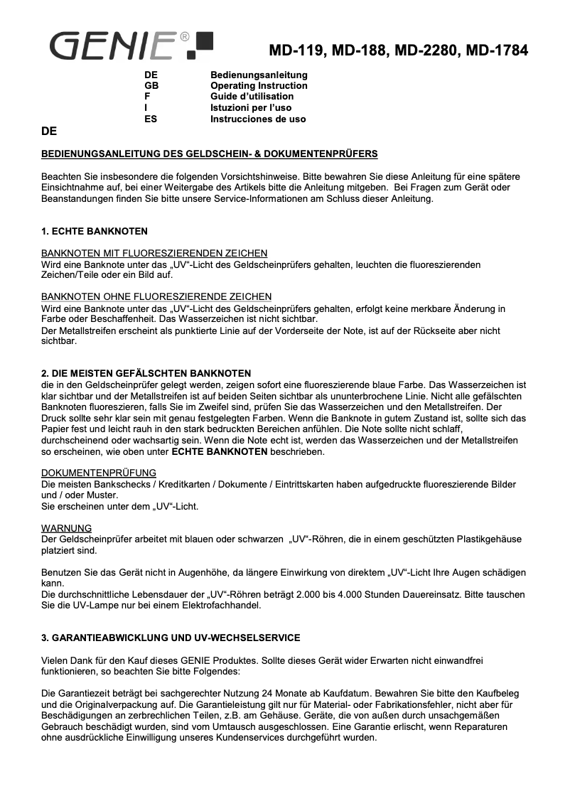 Page 1 de la notice Manuel utilisateur Genie MD 119