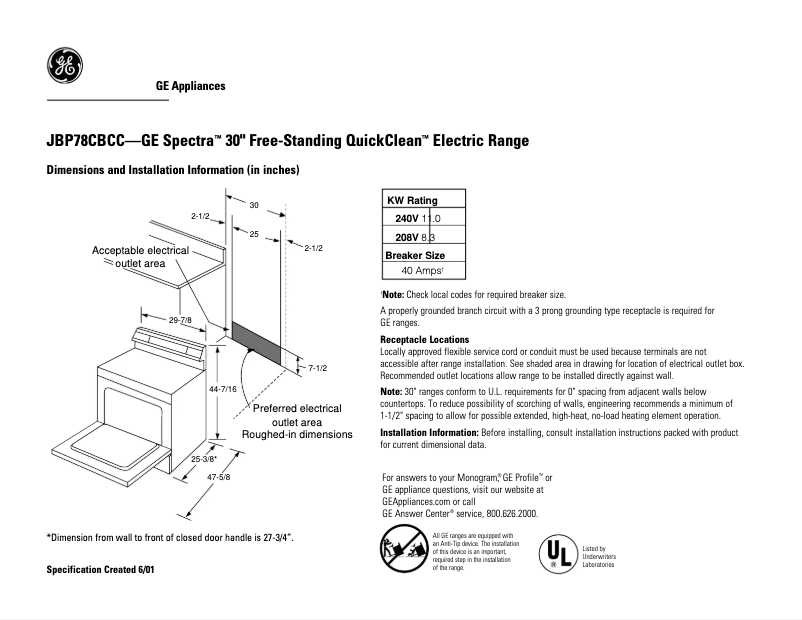 Page 1 de la notice Fiche technique GE Spectra JBP78CBCC