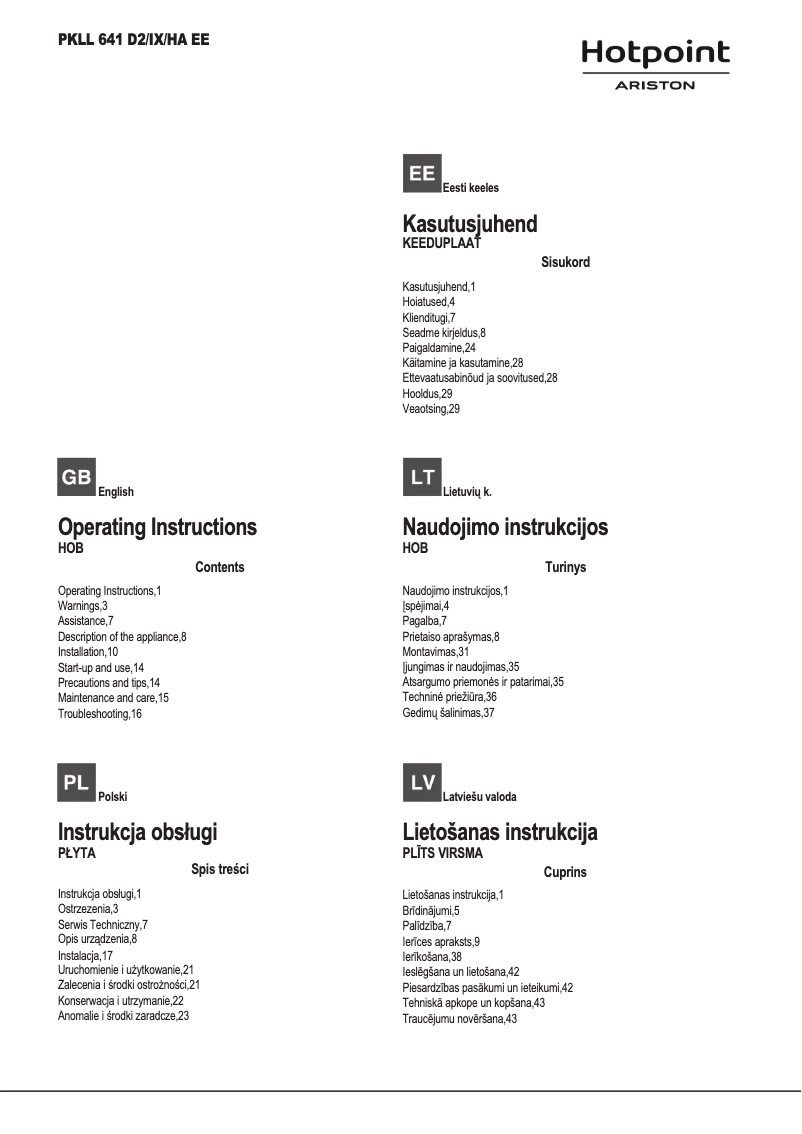 Page 1 de la notice Manuel utilisateur Hotpoint Ariston PKLL 641 D2/IX/HA EE