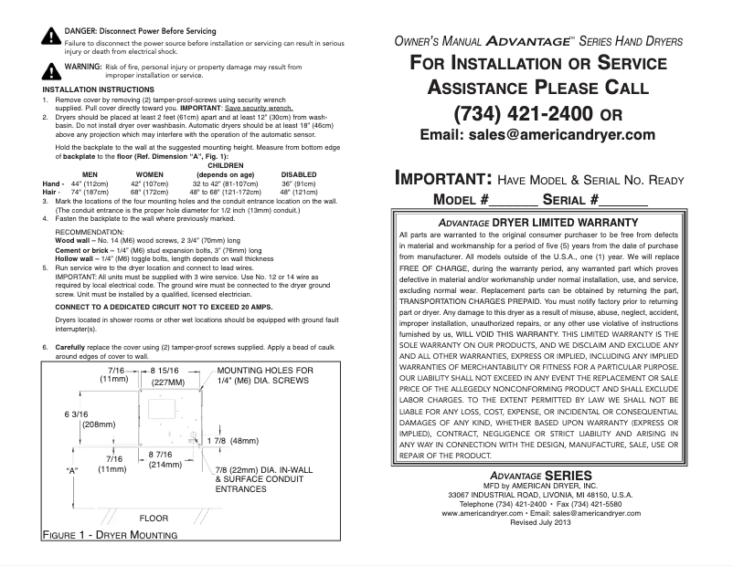 Page 1 de la notice Manuel utilisateur American Dryer Advantage AD90-SS