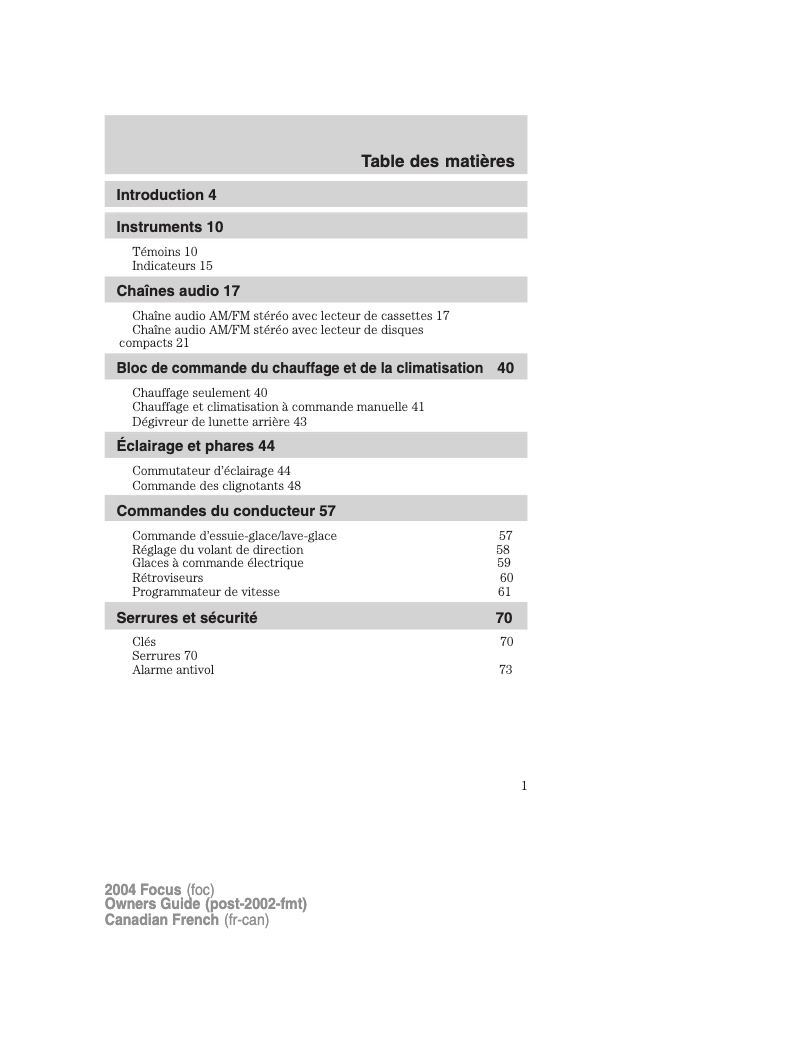 Page n°1 - Manuel utilisateur Ford Focus (2004)