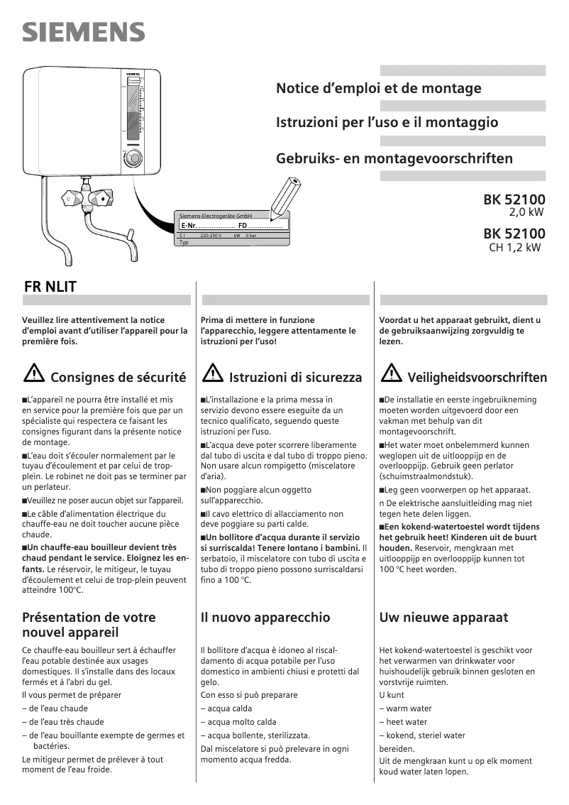 Page n°1 - Manuel utilisateur Siemens BK52100