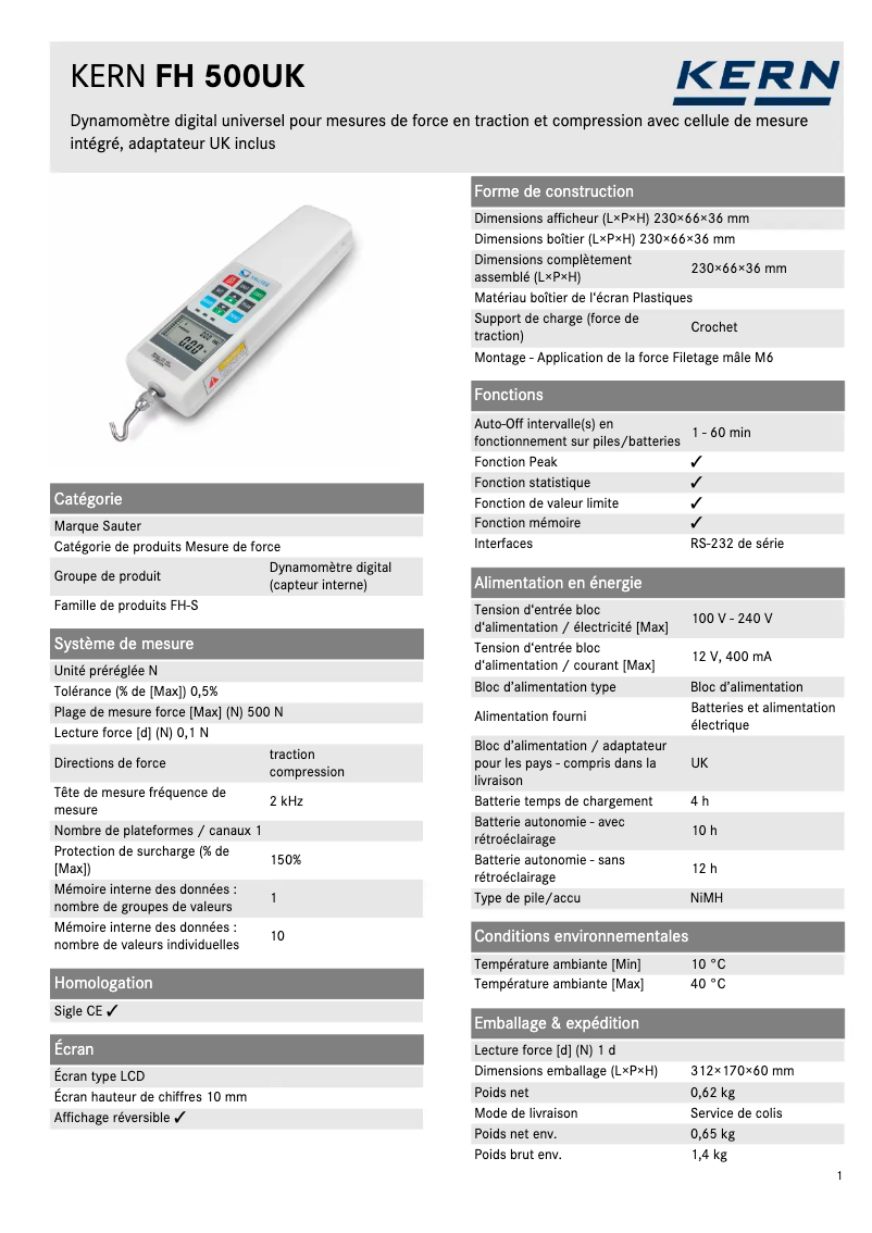Page 1 de la notice Fiche technique Kern FH 500UK