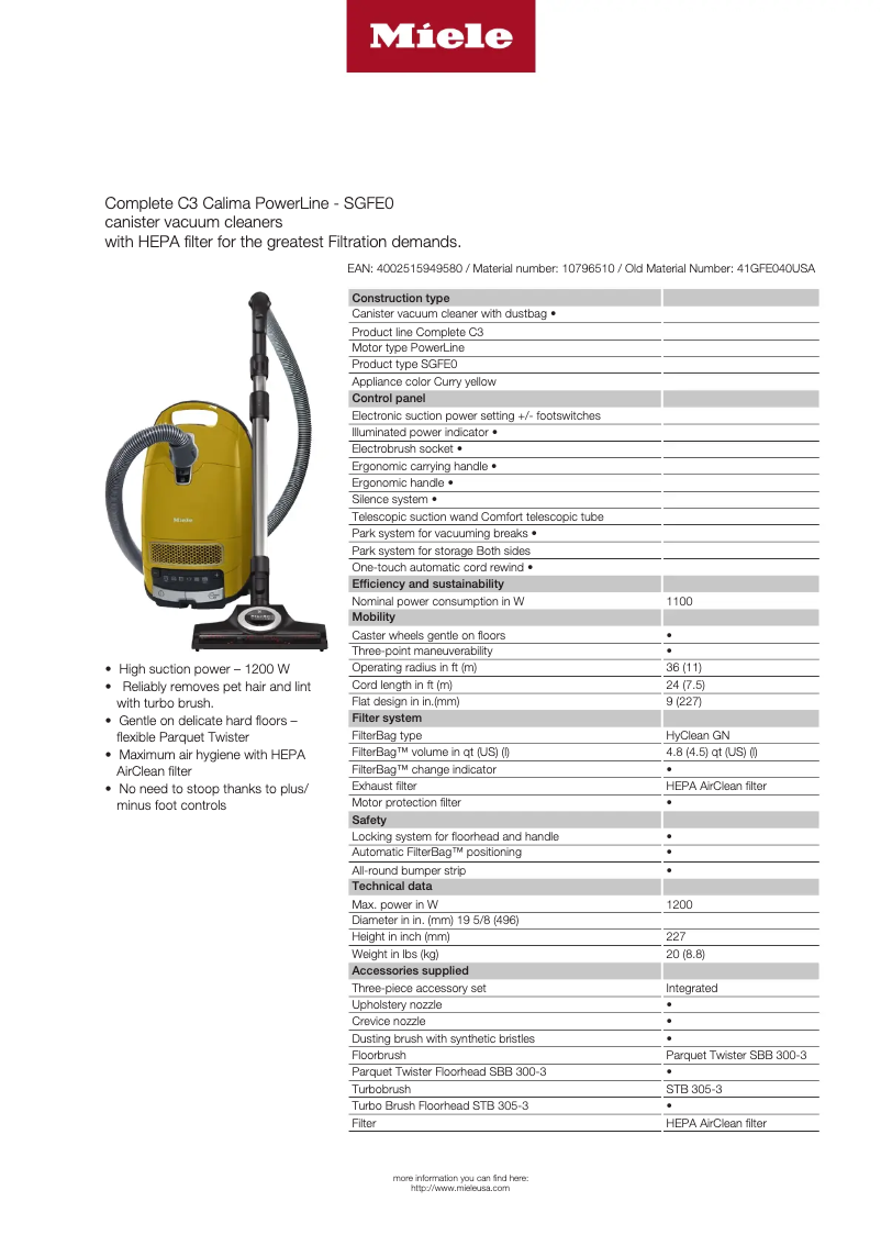 Página 1 del manual Ficha técnica Miele Complete C3 Calima