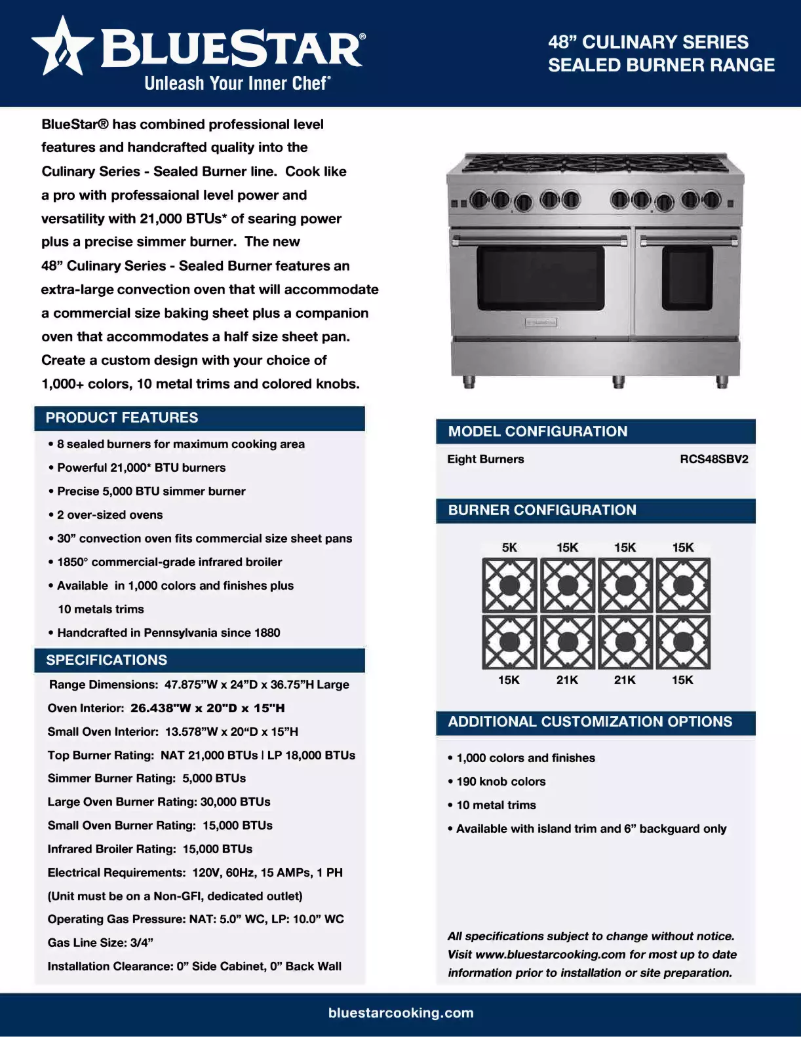 Página 1 del manual Ficha técnica BlueStar RCS48SBV2CPLT