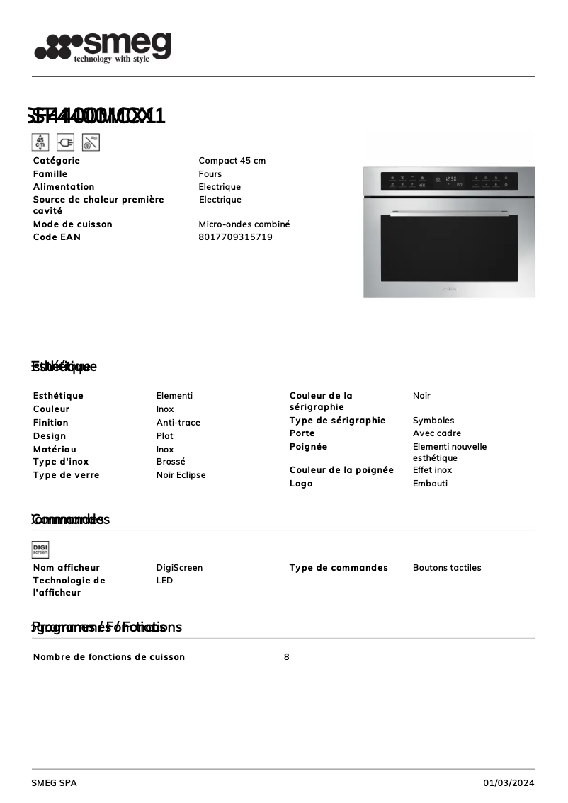 Page 1 de la notice Fiche technique Smeg SF4400MCX1